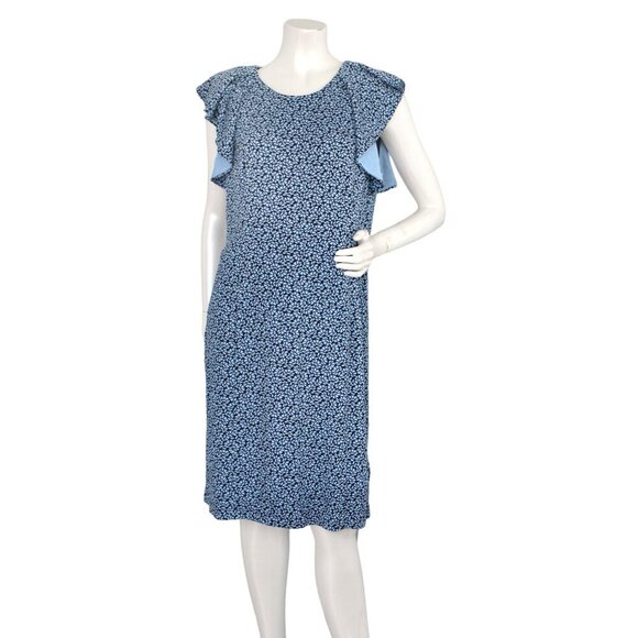 Lands' End Floral Dress Stretch Ruffle Sleeve Ditsy Flower Zip Back Stretch Blue - Picture 6 of 11